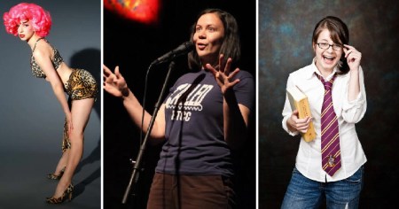 Cyndi Freeman, Leslie Goshko, and Erin Barker NYC comedic storytellers Cyndi Freeman, Leslie Goshko, and Erin Barker